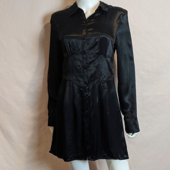 Bershka Black Satin Long Sleeve Button Up Corset Mini Dress size Large - Picture 1 of 7